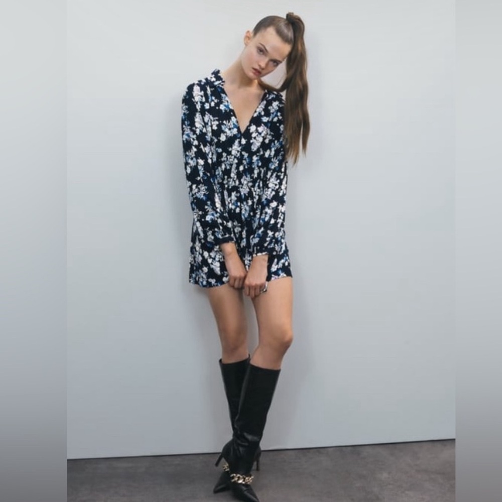 Zara Floral Long-Sleeve V-Neck Mini Dress Elastic Waistband
